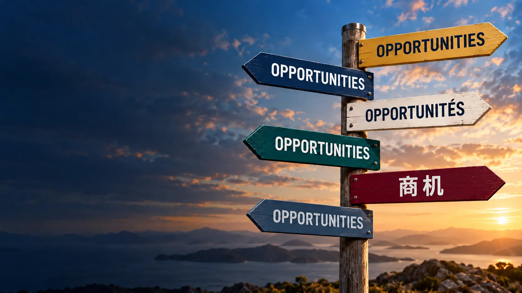 Multilingual opportunity signposts pointing towards global business possibilities